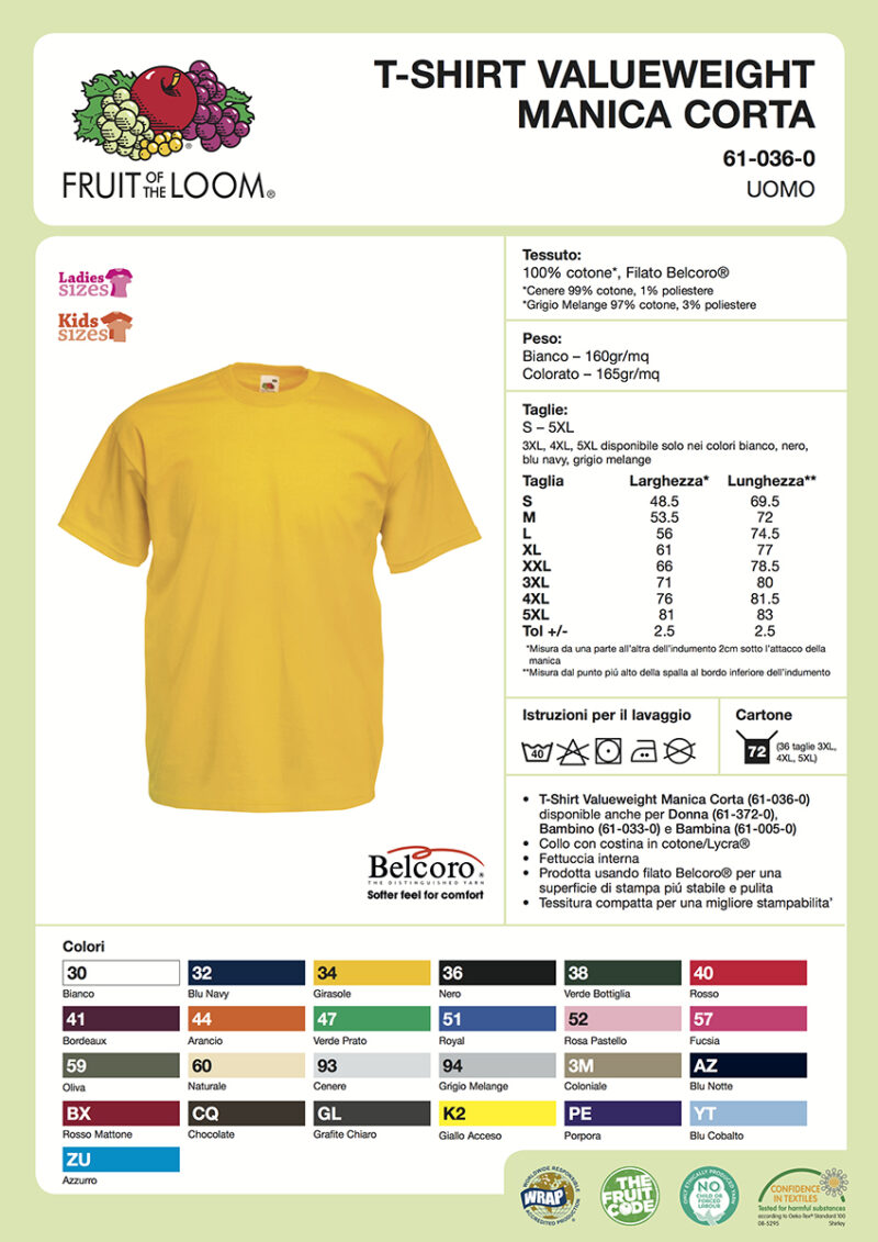 T-shirt uomo manica corta Valueweight Fruit of the Loom FR610360, t-shirt personalizzate per eventi Scheda Tecnica