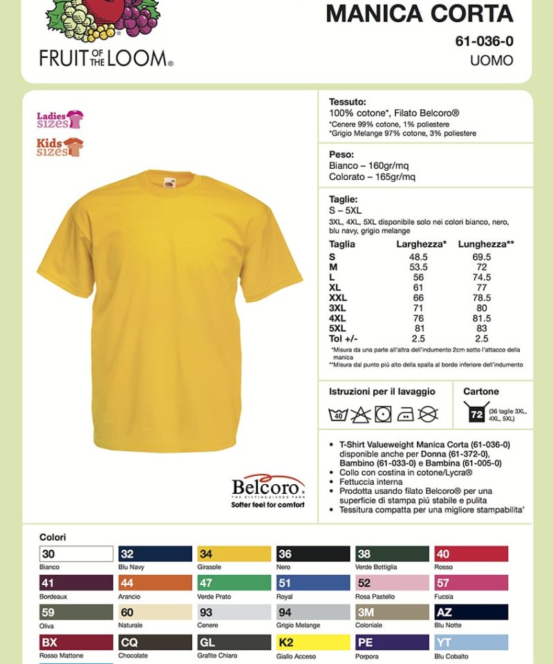 T-shirt uomo manica corta Valueweight Fruit of the Loom FR610360, t-shirt personalizzate per eventi Scheda Tecnica