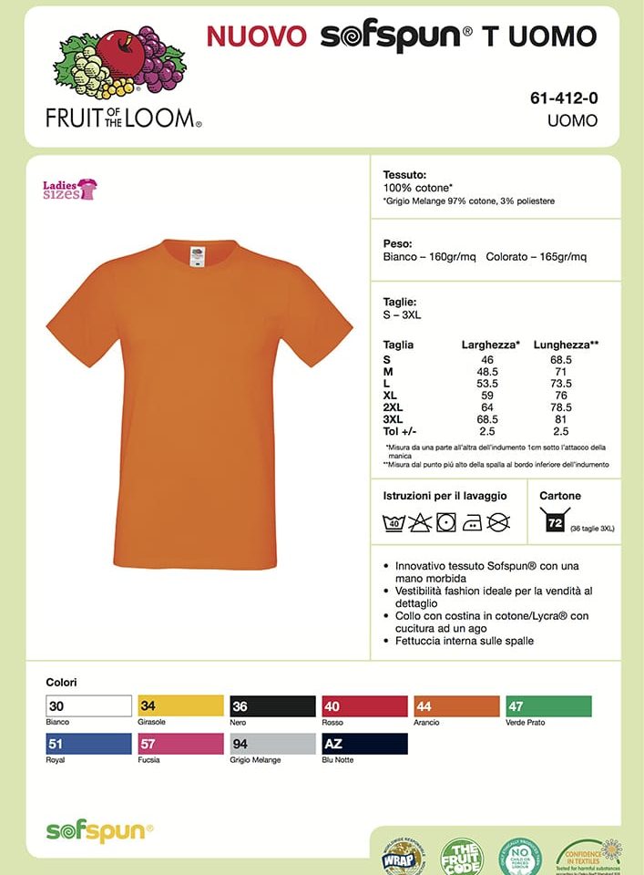 T-shirt uomo manica corta SOFSPUN Fruit of the Loom FR614120 15 FR614120 scheda tecnica