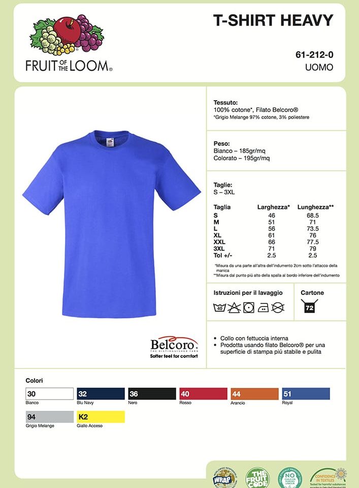 T-shirt uomo manica corta pesante Fruit of the Loom FR612120 2 T-shirt uomo manica corta pesante Fruit of the Loom FR612120 Scheda Tecnica