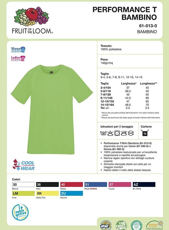 T-shirt Tecnica Bambino manica corta 100% poliestere Performance FR610130 Scheda Tecnica
