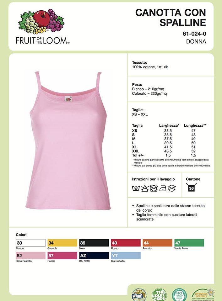Canotta Donna Con Spalline Sottili Fruit of the Loom FR610240 4 Canotta Donna Con Spalline Sottili Fruit of the Loom FR610240 Scheda Tecnica