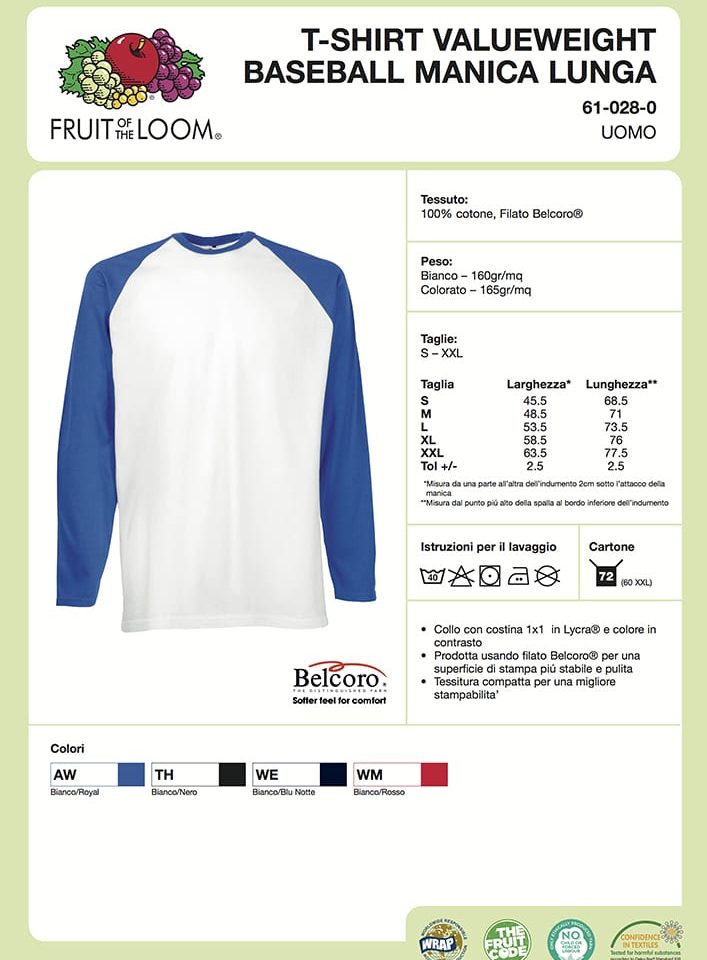 T-shirt Manica Lunga Bicolore Baseball Fruit of the Loom FR610280 3 T-shirt Manica Lunga Bicolore Baseball Fruit of the Loom FR610280 scheda tecnica