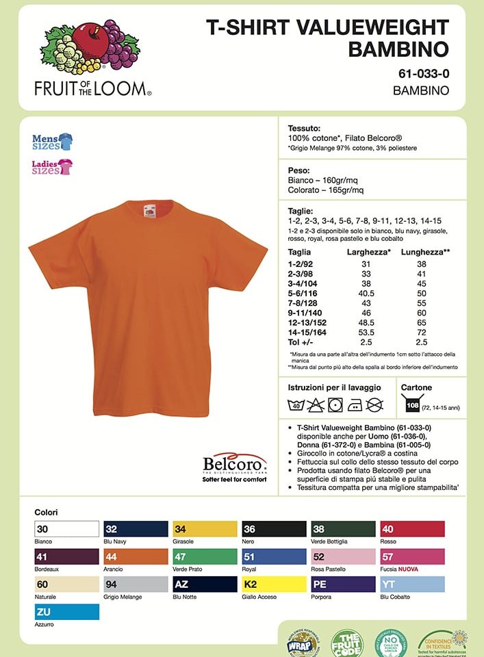 T-shirt Bambino Valueweight Fruit of The Loom FR610330 Scheda Tecnica