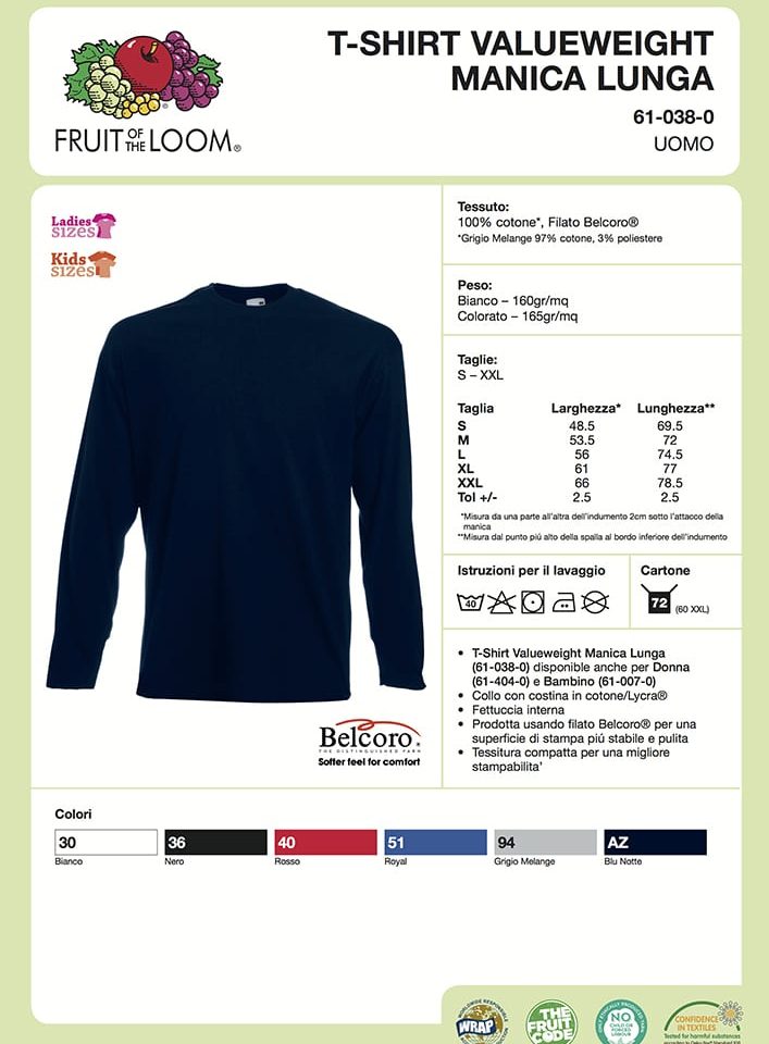 T-shirt Uomo Manica Lunga Fruit of The Loom Valueweight FR610380 scheda Tecnica