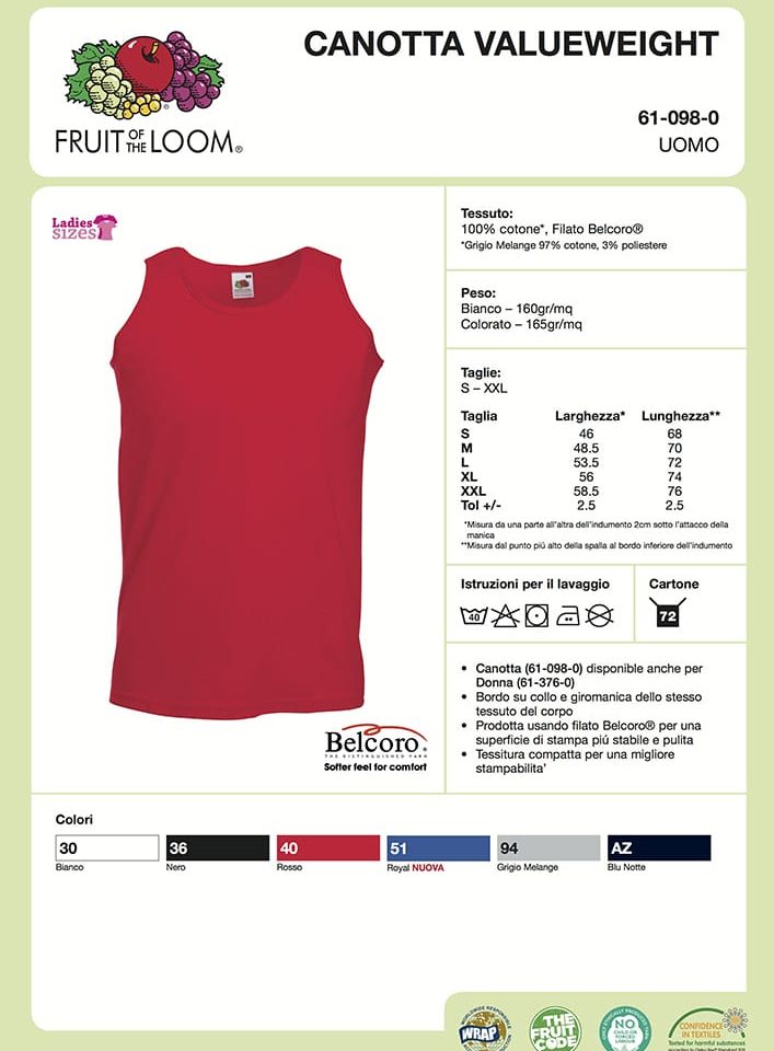Canotta Uomo Valueweight Fruit of the Loom FR61098 Scheda Tecnica