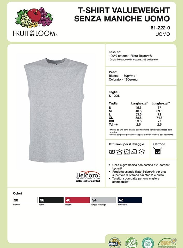 T-shirt senza maniche Canotta uomo Fruit of the Loom FR612220 11 T-shirt senza maniche Canotta uomo Fruit of the Loom FR612220 Scheda Tecnica