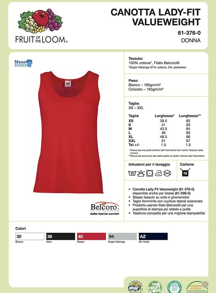 Canotta Donna Spallina Larga Valueweight Fruit of the Loom FR613760 Scheda Tecnica