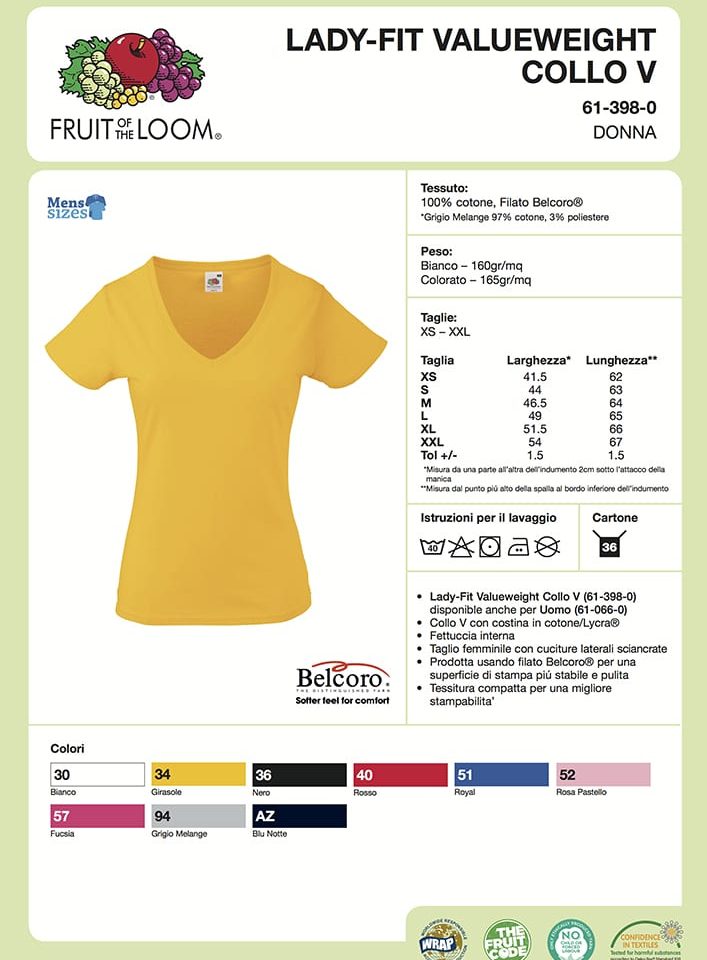 T-shirt Donna Manica Corta Collo V Fruit of the Loom FR613980 3 T-shirt Donna Manica Corta Valueweight Collo V FR613980 Scheda Tecnica