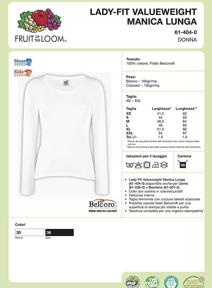T-shirt Donna Manica Lunga Girocollo Fruit of the Loom FR614040 Scheda Tecnica