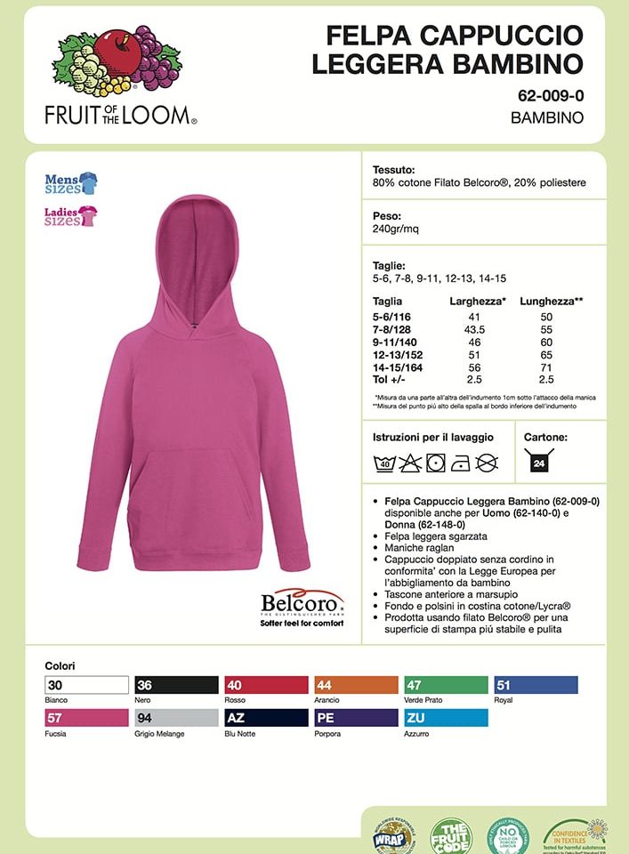 Felpa Bambino Cappuccio Tasca a Marsupio Leggera Fruit of the Loom FR620090 17 Felpa Bambino Cappuccio Tasca a Marsupio Leggera FR620090 Scheda Tecnica