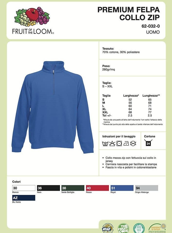 Felpa Uomo Zip Intera Fruit of the Loom FR620320 3 Felpa Uomo Zip Intera Fruit of the Loom FR620320 Scheda Tecnica