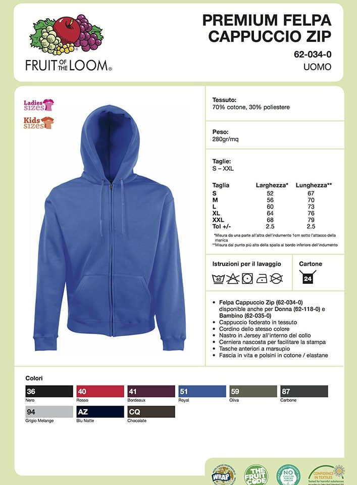 Felpa Uomo Cappuccio Zip e Tasche Premium Fruit of the Loom FR620340 2 Felpa Uomo Cappuccio Zip e Tasche Premium Fruit of the Loom FR620340 Scheda Tecnica