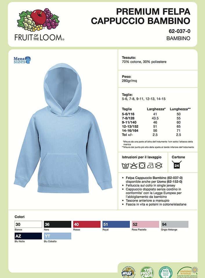 Felpa Bambino Cappuccio Premium Fruit of the Loom FR620370 19 Felpa Bambino Cappuccio Tasca a Marsupio Premium Fruit of the Loom FR620370 Scheda Tecnica