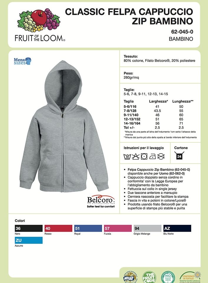 Felpa Bambino Cappuccio e Zip Classic Fruit of the Loom FR620450 21 Felpa Bambino Cappuccio e Zip Classic Fruit of the Loom FR620450 Scheda Tecnica