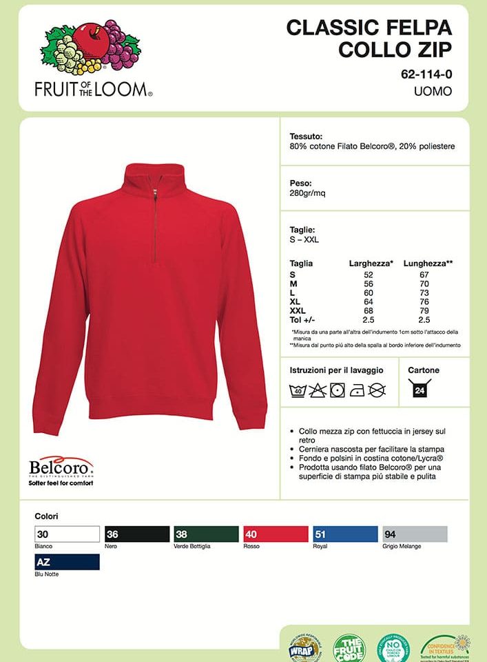 Felpa Uomo mezza zip Classic Fruit of the Loom FR621140 3 Felpa Uomo mezza zip Classic Fruit of the Loom FR621140 Scheda Tecnica