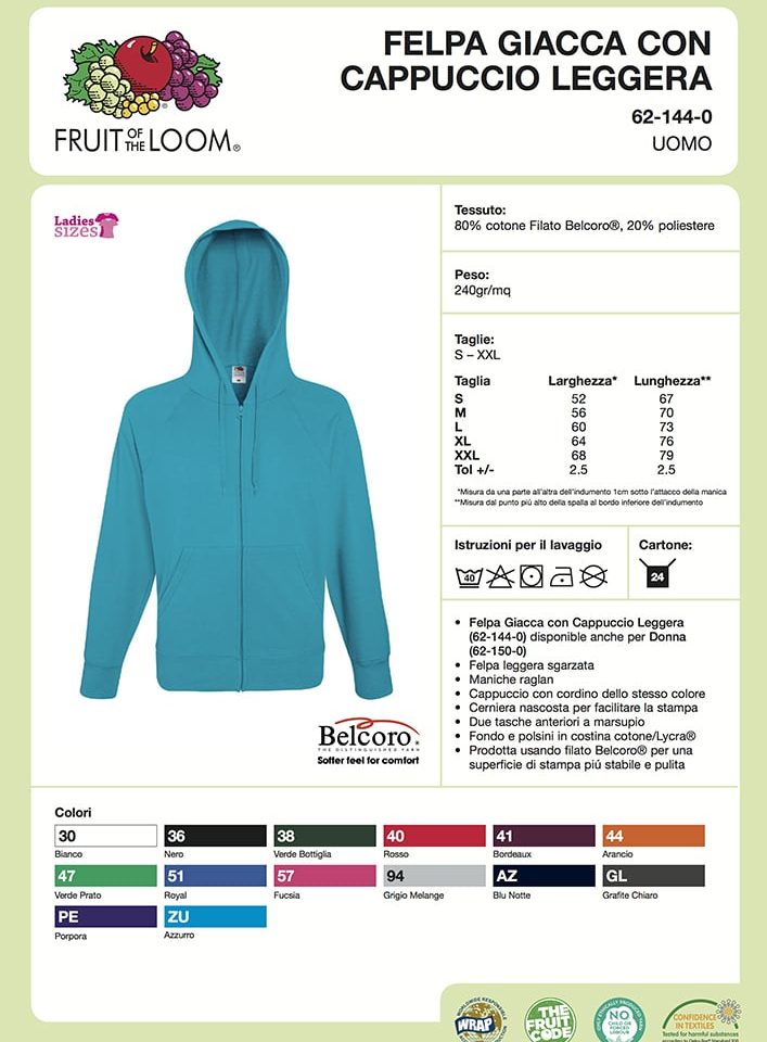 Felpa Uomo Cappuccio Zip e Tasche Leggera Fruit of the Loom FR621440 21 Felpa Uomo Cappuccio Zip e Tasche Leggera Fruit of the Loom FR621440 Scheda Tecnica