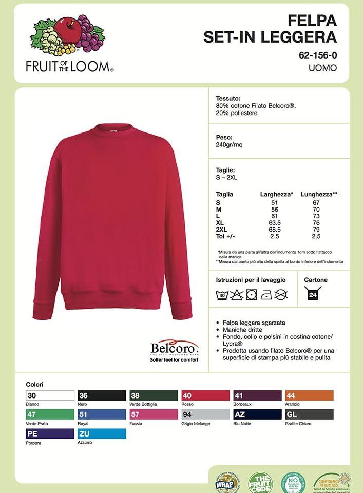 Felpa Uomo Girocollo Set In Leggera Fruit of the Loom FR621560 2 Felpa Uomo Girocollo Set In Leggera Fruit of the Loom FR621560 Scheda Tecnica