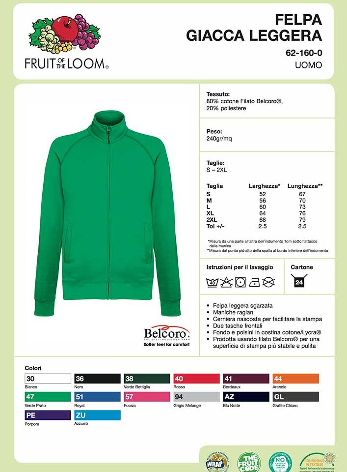 Felpa Uomo Zip Intera Senza Cappuccio Leggera Fruit of The Loom FR621600 4 Felpa Uomo Zip Intera Senza Cappuccio Leggera Fruit of The Loom FR621600 Scheda Tecnica