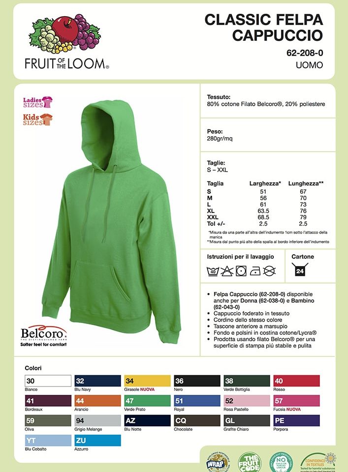 Felpa Uomo Classic Cappuccio e Tasca a Marsupio Fruit of The Loom FR622080 2 Felpa Uomo Classic Cappuccio e Tasca a Marsupio Fruit of The Loom FR622080 Scheda Tecnica