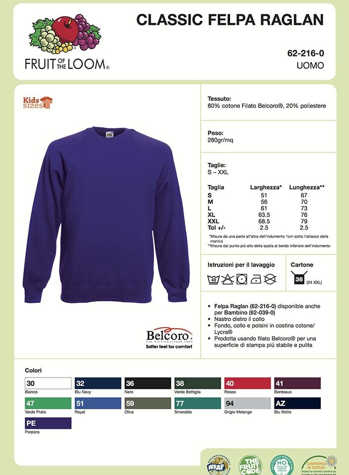 Felpa Classica Uomo Girocollo Maniche Raglan Fruit of the Loom FR622160 2 Felpa Classica Uomo Girocollo Maniche Raglan Fruit of the Loom FR622160 Scheda Tecnica