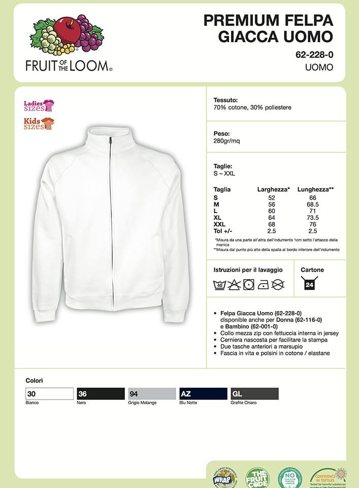 Felpa Uomo Zip Intera Premium Fruit of The Loom FR622280 7 Felpa Uomo Zip Intera Premium Fruit of The Loom FR622280 Scheda Tecnica