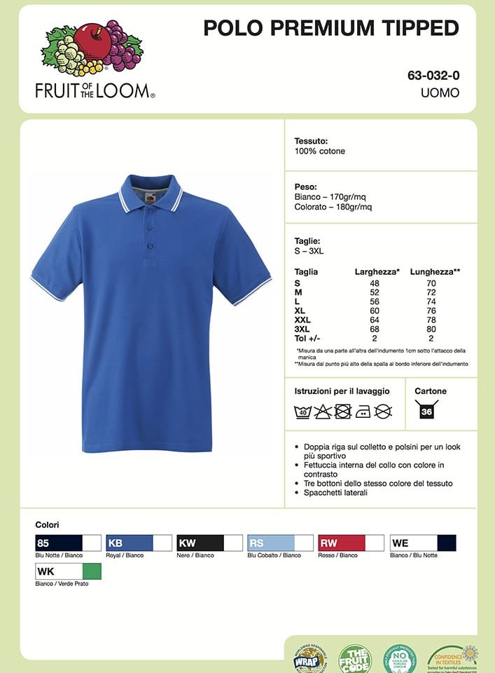 Polo Uomo manica corta Bicolore Fruit of the Loom FR630320 3 Polo Uomo Manica Corta Piquet Tipped Bicolore FR630320 Scheda Tecnica
