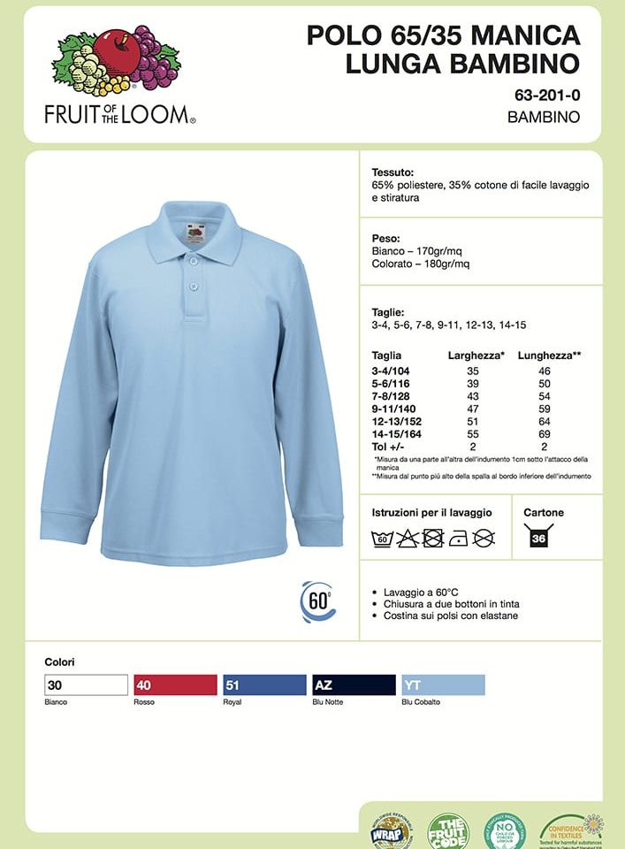 Polo Bambino Manica Lunga Fruit of the Loom FR632010 5 Polo Bambino Manica Lunga Fruit of the Loom FR632010 Scheda Tecnica