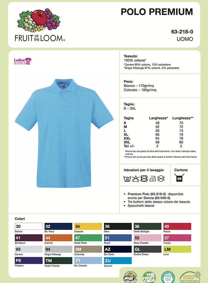 Polo Uomo Manica Corta Premium Fruit Of The Loom FR632180 2 Polo Uomo Manica Corta Premium Fruit Of The Loom FR632180 Scheda Tecnica