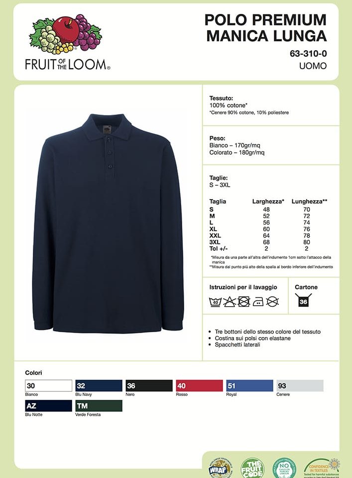 Polo Uomo Manica Lunga Premium Fruit of the Loom FR633100 3 Polo Uomo Manica Lunga Premium Fruit of the Loom FR633100 Scheda Tecnica