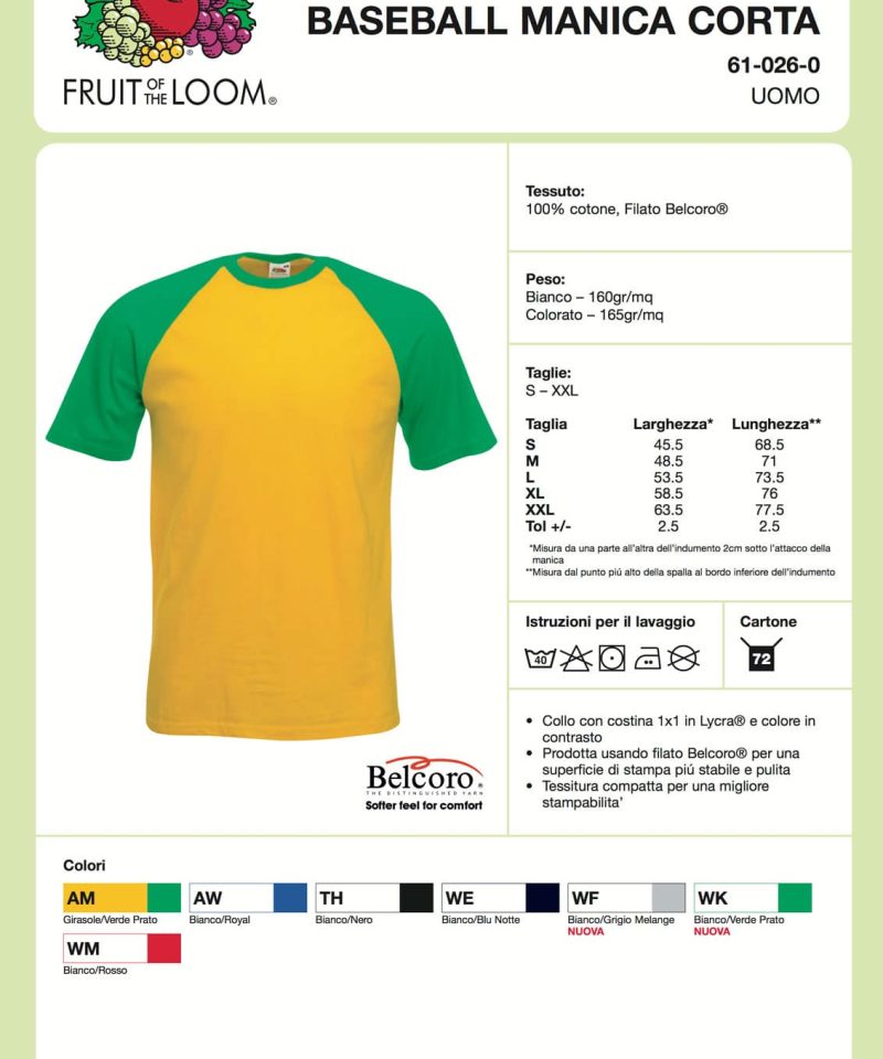 T-shirt Unisex Baseball Fruit of the Loom FR610260 4 T-shirt Unisex Baseball Fruit of the Loom FR610260 Scheda Tecnica