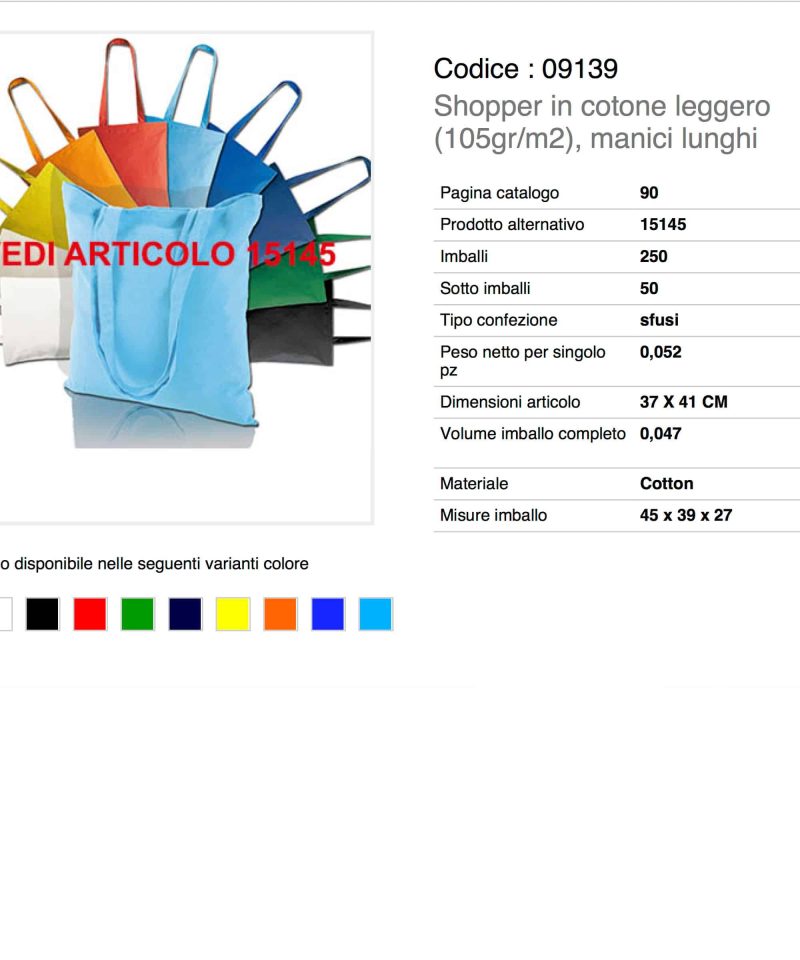 Shopper in Cotone Leggero Doppi Manici Lunghi 09139 23 09139 Scheda Tecnica