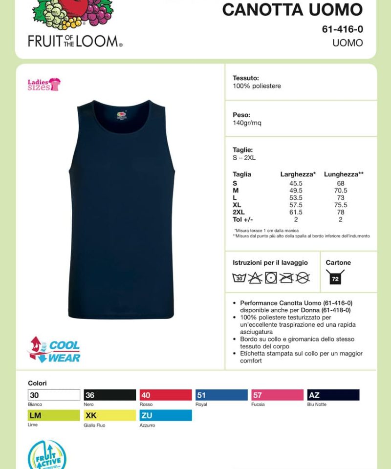 Canotta Uomo Tecnica Sport Performance Fruit of the Loom FR614160 Scheda Tecnica