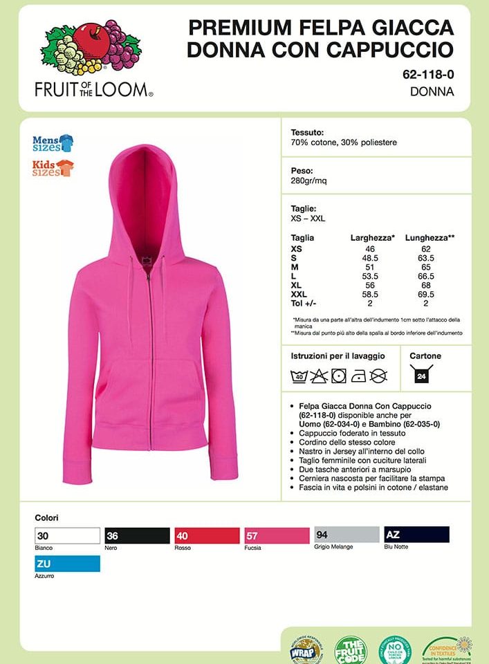 Felpa Donna Premium Cappuccio Zip Fruit of the Loom FR621180 19 Felpa Donna Premium Cappuccio Zip Fruit of the Loom FR621180 Scheda-Tecnica
