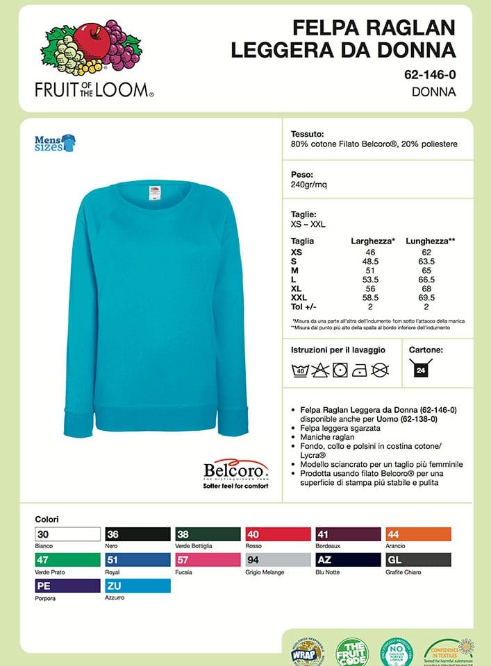 Felpa Donna Girocollo Raglan Leggera Fruit of the Loom FR621460 5 Felpa Donna Girocollo Raglan Leggera Fruit of the Loom FR621460 Scheda-Tecnica