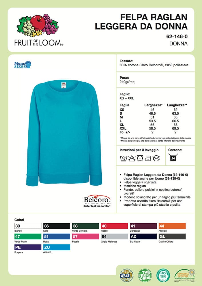 Felpa Donna Girocollo Raglan Leggera Fruit of the Loom FR621460 4 Felpa Donna Girocollo Raglan Leggera Fruit of the Loom FR621460 Scheda-Tecnica