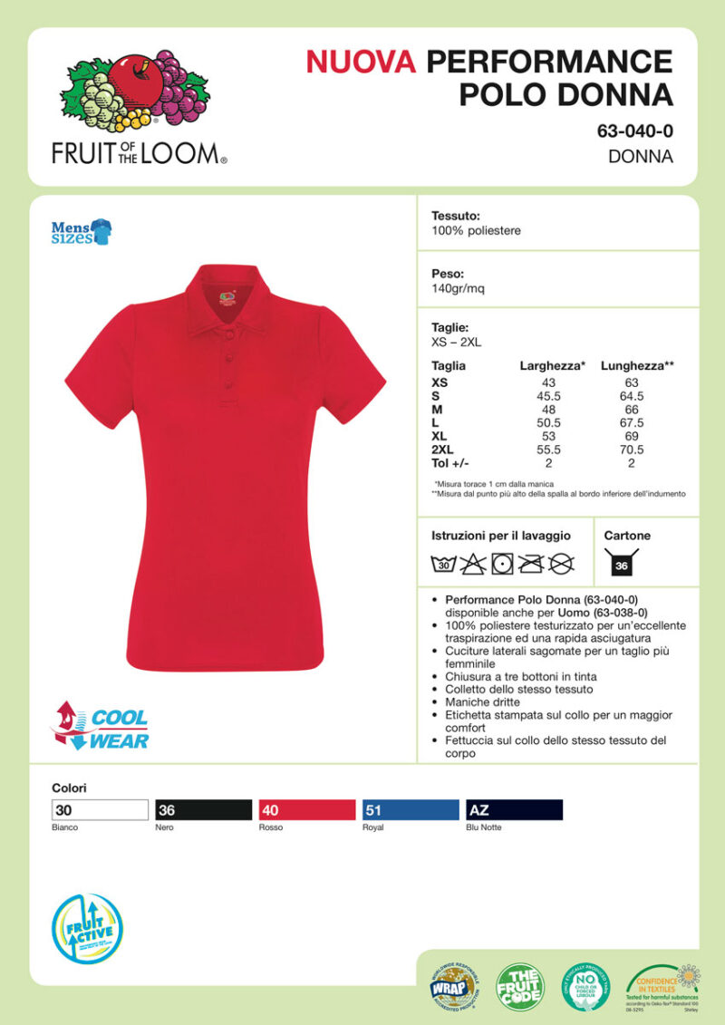 Polo Donna Tecnica Sport Performance Fruit of the Loom FR630400 Scheda-Tecnica