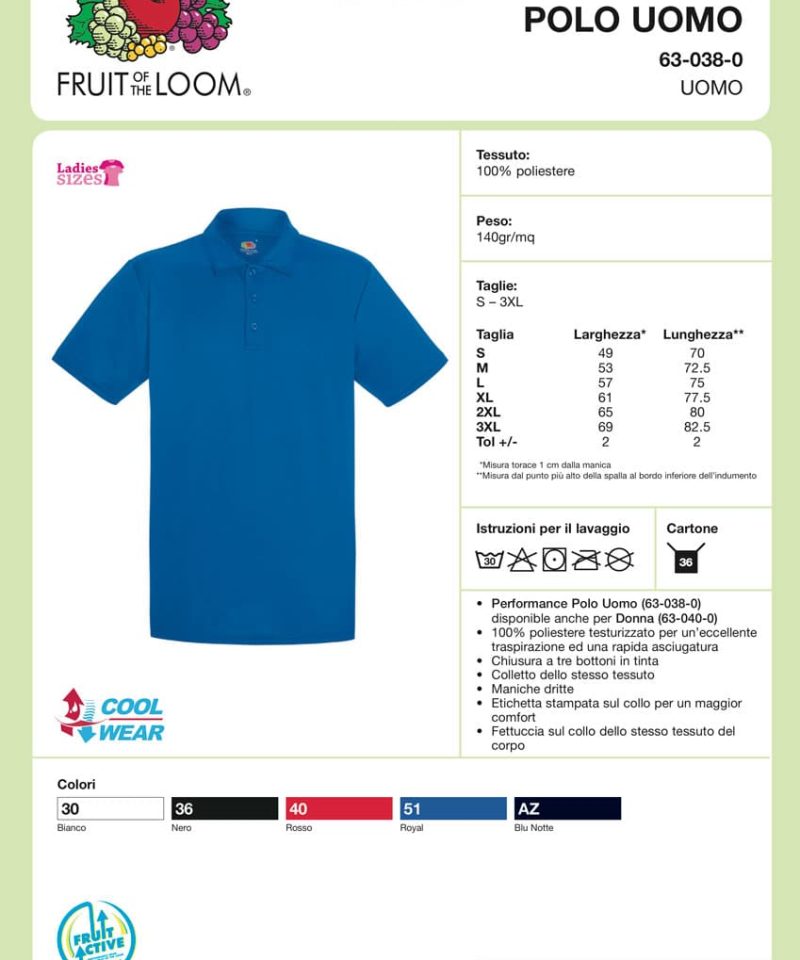 Polo Uomo Tecnica Sport Performance Fruit of the Loom FR630380 4 Polo-Uomo-Tecnica-Sport-Performance-FR630380-Scheda-Tecnica