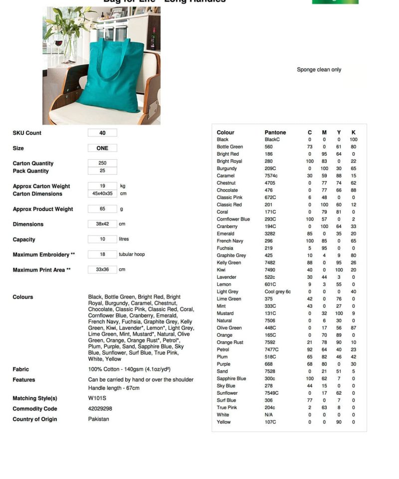 Shopper in cotone Manici Lunghi Westford Mill W101 81 Shopper in cotone Manici Lunghi W101 scheda tecnica