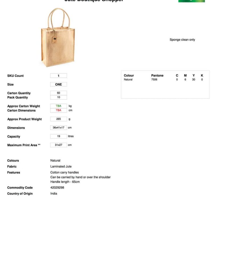 Shopper in Juta 36x41x17cm Westford Mill W409 15 Borsa Shopper in Juta Laminata 36x41x17cm W409 Scheda Tecnica