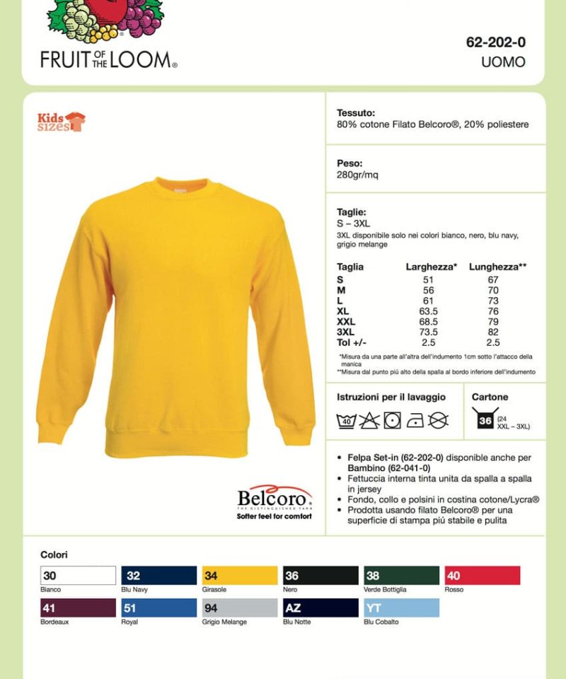 Felpa Uomo Girocollo Classic Fruit of the Loom FR622020 3 Felpa Uomo Girocollo Classic Fruit of the Loom FR622020 Scheda-Tecnica