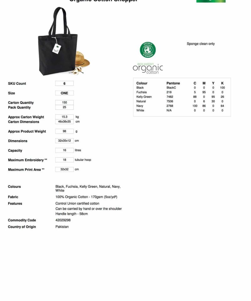 Shopper Cotone Organico 35x32x12cm Westford Mill W180 19 Shopper Doppi Manici e Soffietto in Cotone Organico W180 Scheda Tecnica