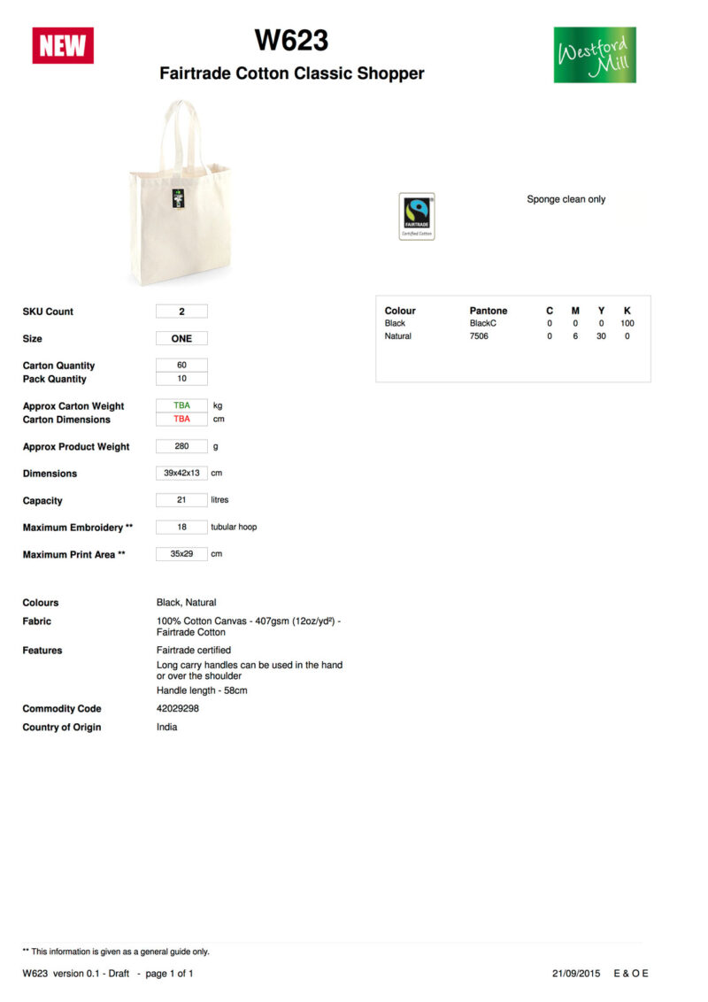Shopper in Canvas organico 39x42x13cm Westford Mill W623, borse in cotone organico personalizzate Scheda Tecnica