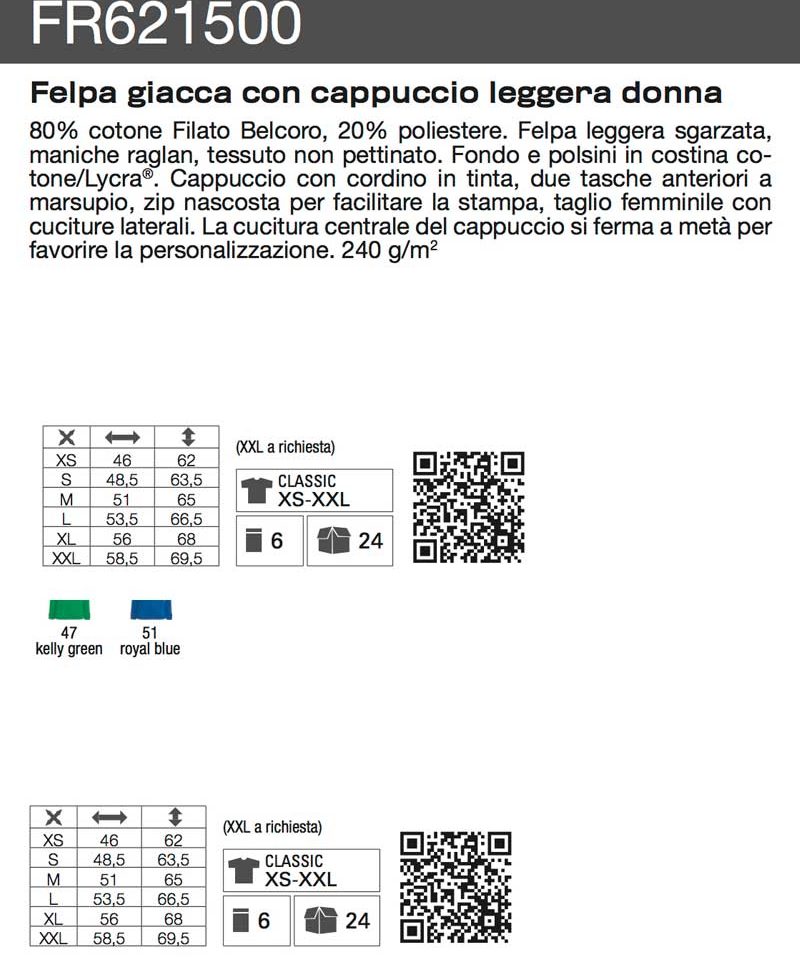 Felpa Donna Cappuccio e Zip Leggera Fruit of the Loom FR621500 scheda-tecnica