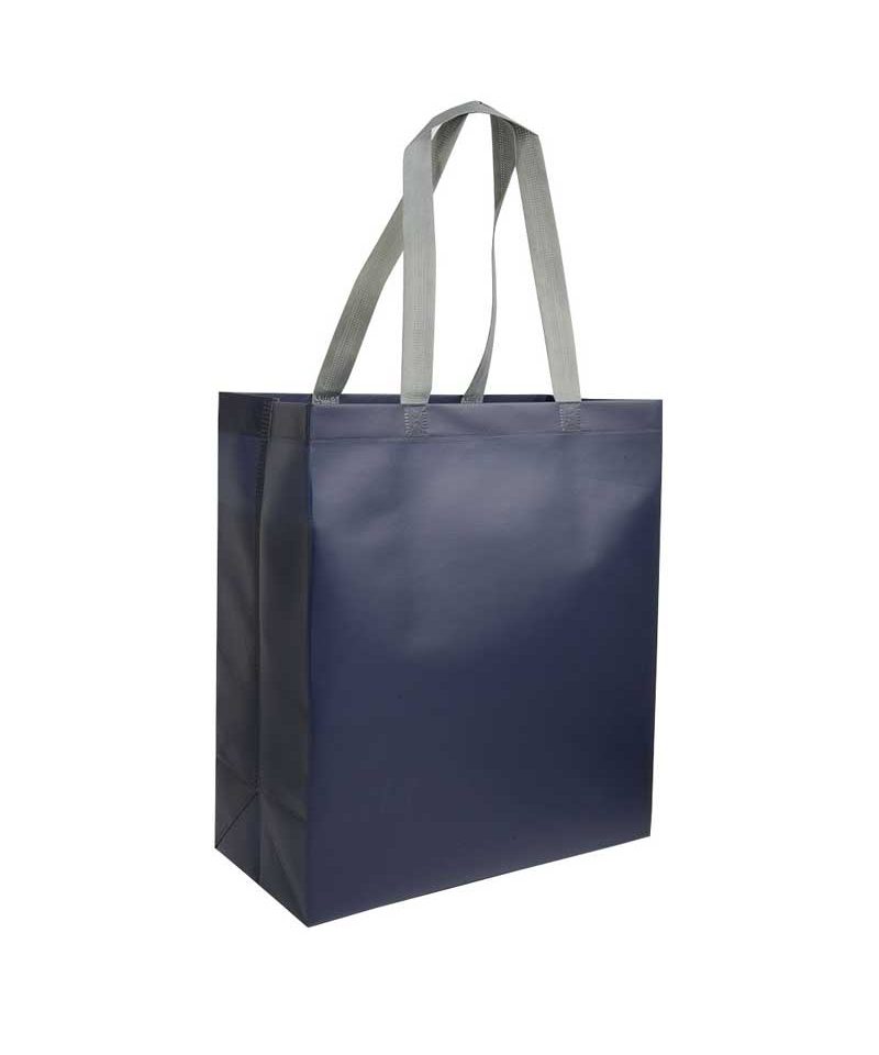 Shopper in TNT laminato con soffietto 26x32x9cm 16121 15 Shopper personalizzate in TNT laminato bicolore con soffietto e manici a contrastro BYB 16121 blu navy