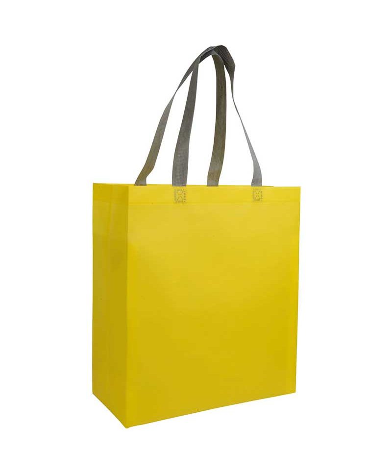 Shopper in TNT laminato con soffietto 26x32x9cm 16121 16 Shopper personalizzate in TNT laminato bicolore con soffietto e manici a contrastro BYB 16121 giallo