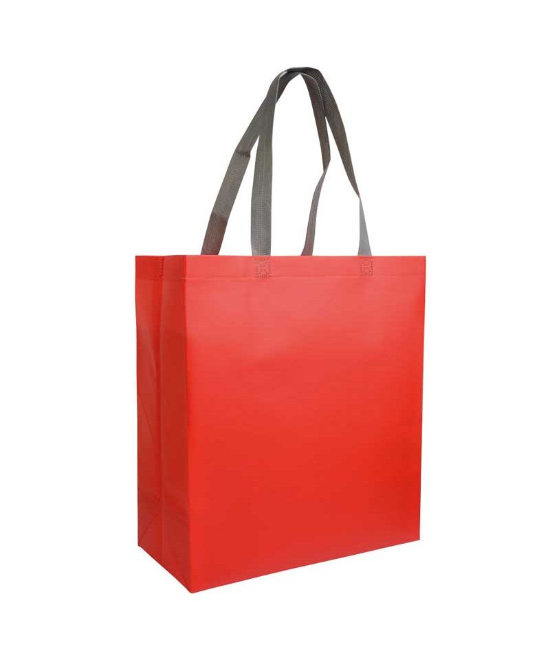 Shopper in TNT laminato con soffietto 26x32x9cm 16121 18 Shopper personalizzate in TNT laminato bicolore con soffietto e manici a contrastro BYB 16121 rosso