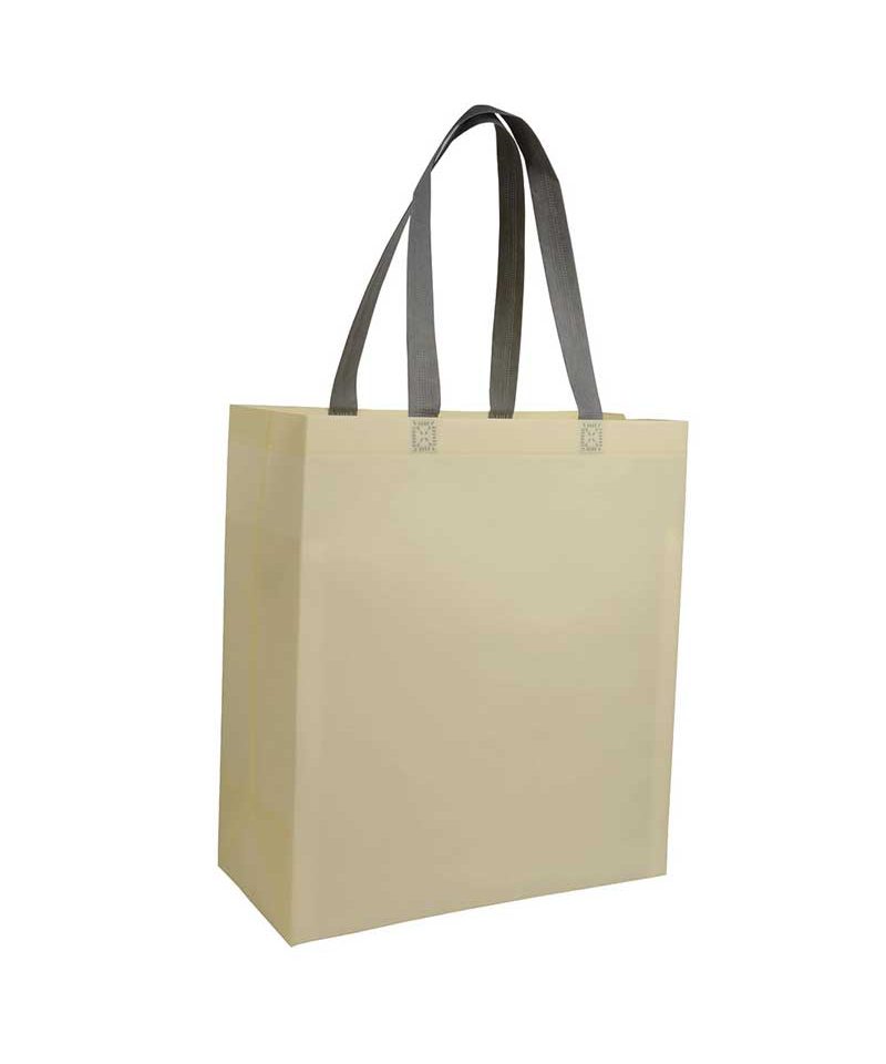 Shopper in TNT laminato con soffietto 26x32x9cm 16121 19 Shopper personalizzate in TNT laminato bicolore con soffietto e manici a contrastro BYB 16121 sabbia panna