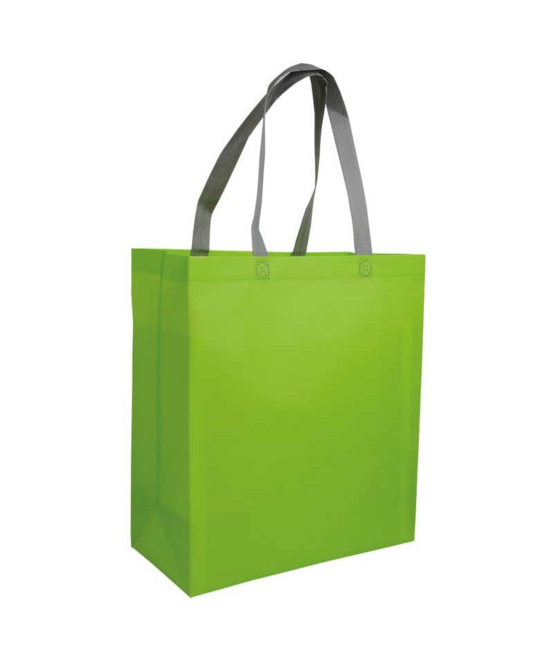 Shopper in TNT laminato con soffietto 26x32x9cm 16121 21 Shopper personalizzate in TNT laminato bicolore con soffietto e manici a contrastro BYB 16121 verde lime