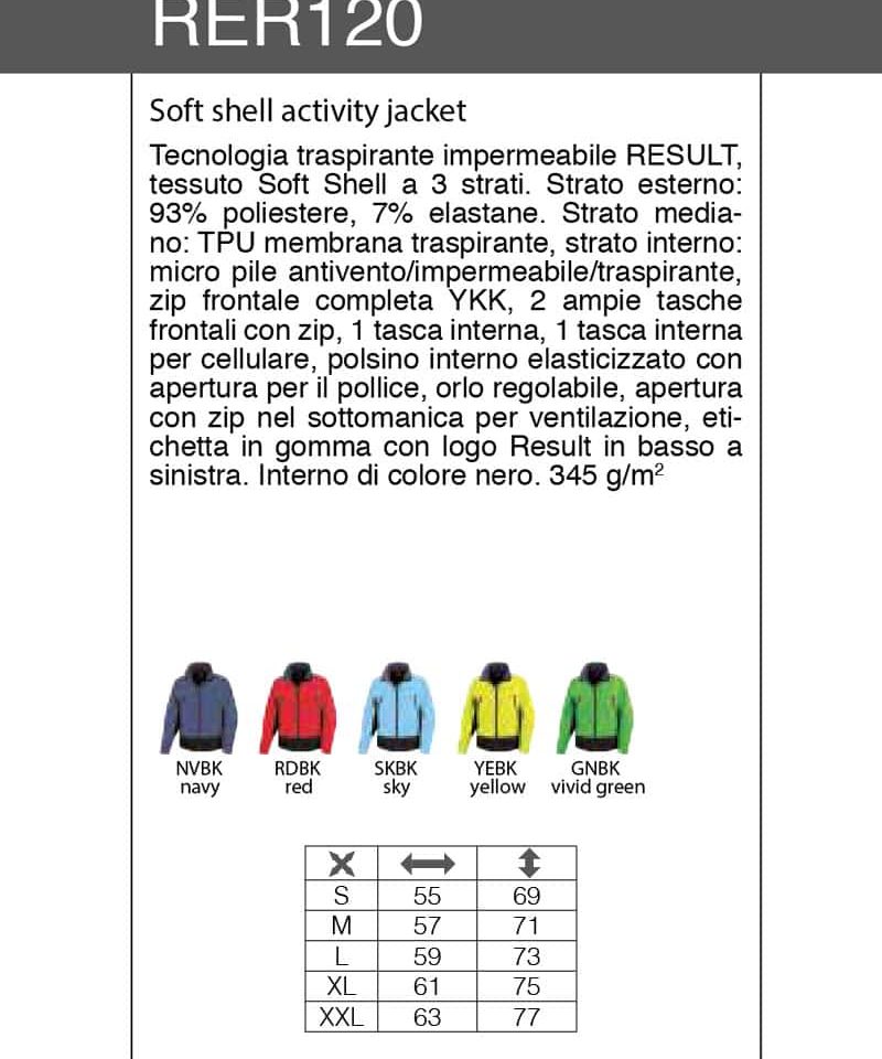 Giacca Softshell Unisex Result RER120 10 Giacca Softshell Unisex Result RER120 scheda tecnica